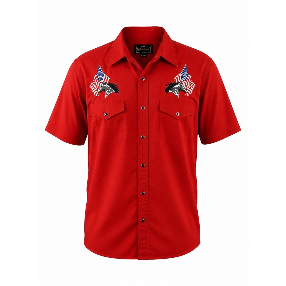 Vintage High Noon Red Western Snap Shirt Men XL Horse Americana Flag Cowboy